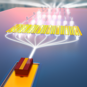 The on-chip laser is combined with a 50 gigahertz electro-optic modulator in lithium niobate to build a high-power transmitter. (Credit: Second Bay Studios/Harvard SEAS)