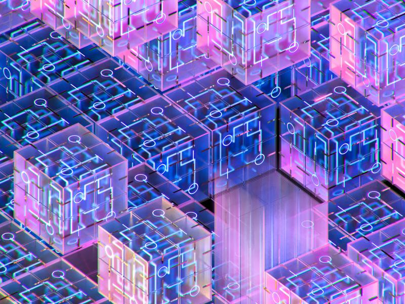 Interlocking purple squares representing a qubit's superposition.