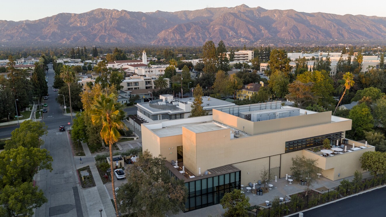 Aerial view photo of the AWS quantum computing center building at California Institute of Technology