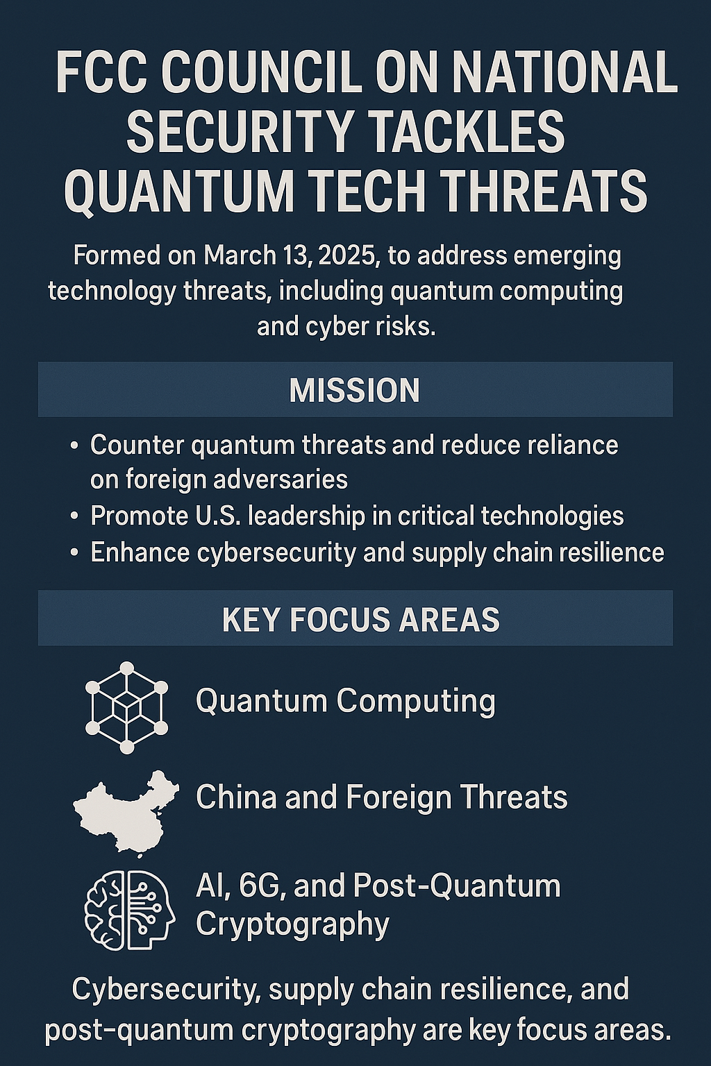Infographic showing FCC Council on National Security launch with highlights on cyber threats, quantum computing, China, and telecom security.